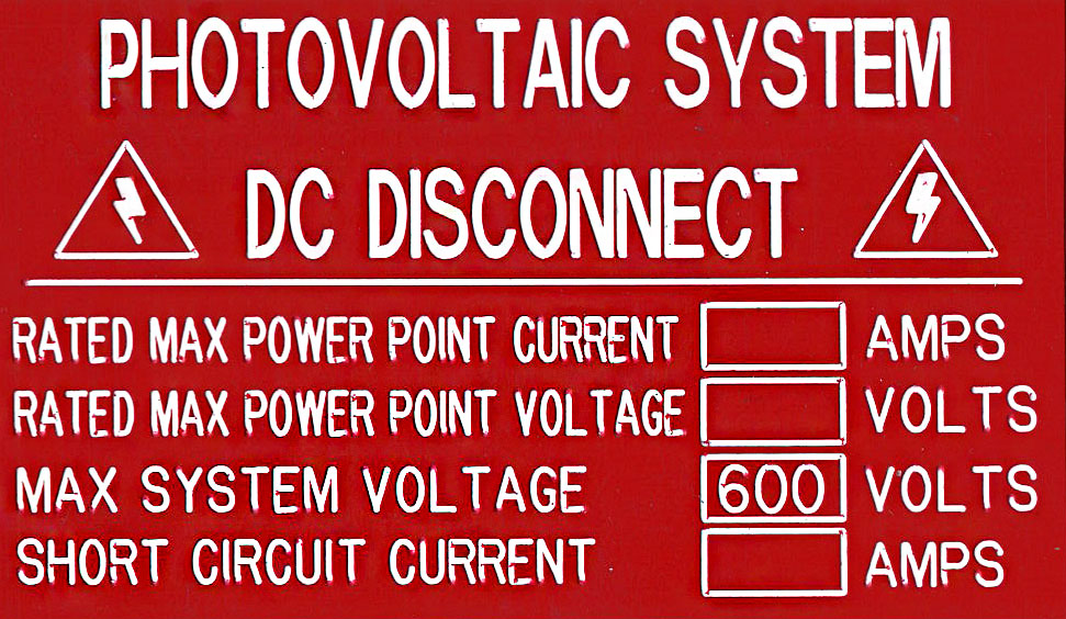 Solar Label plastic placard engraved 4x2" Photovoltaic System DC Disconnect 